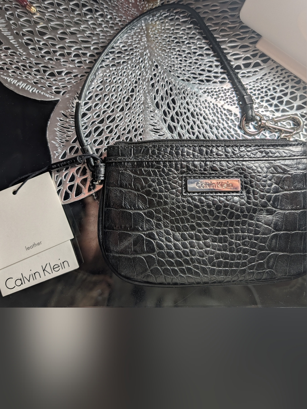 Calvin Klein Black Croc-Embossed Leather Wristlet